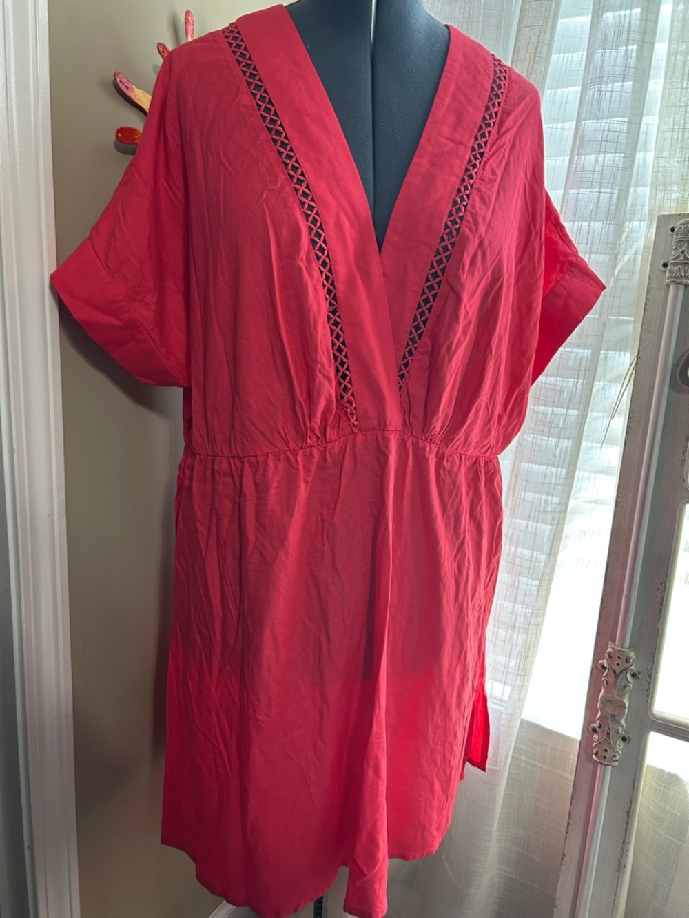 Coral Pink Red V-Neck by Venus SWIM COVER up Tunic Dress 2x Crochet cruise beach